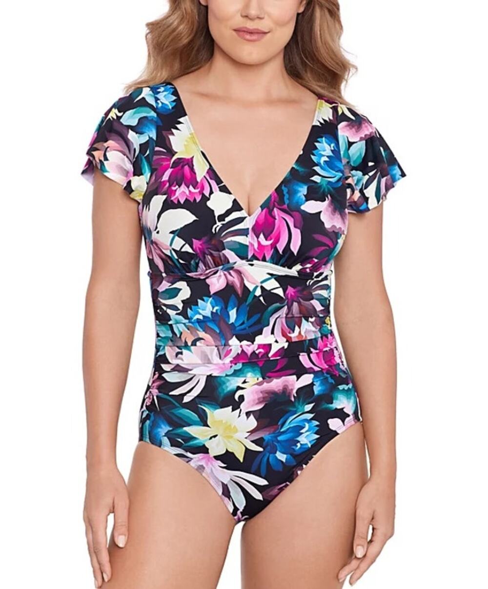 Swim Solutions Women's Floral-Print Flutter-Sleeve One-Piece Swimsuit